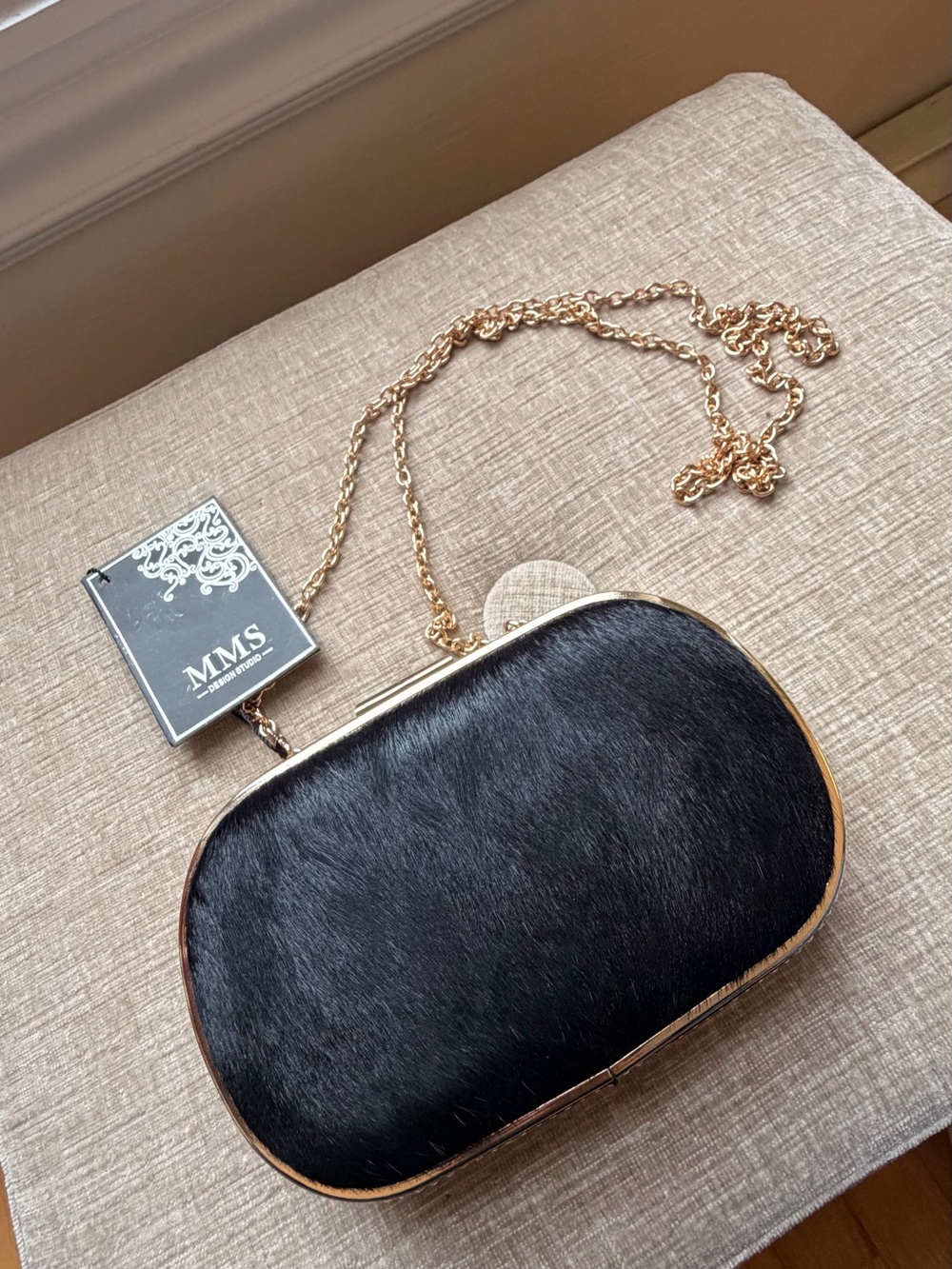 MMS Design Studio Black Faux Fur Clutch with Gold Chain Trim
